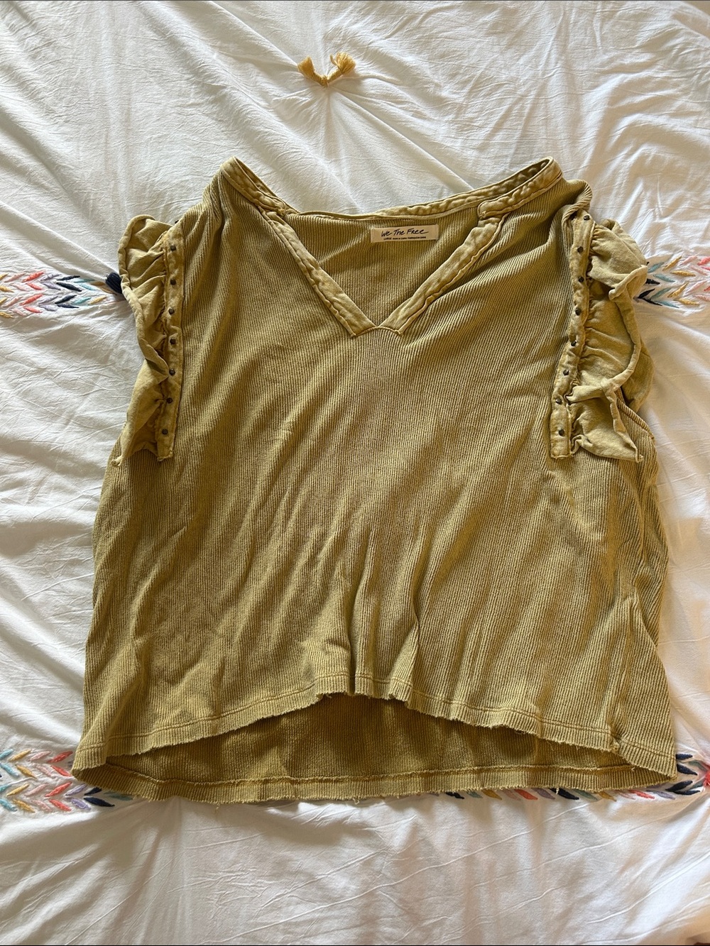Free People - Lightweight Mustard Ruffle Sleeve V-Neck Women's Top